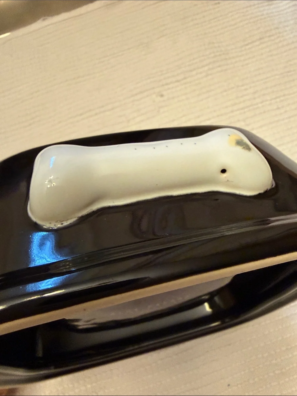 Black Ceramic Dog Bowl with White Bone Accent -cleaned and sanitized